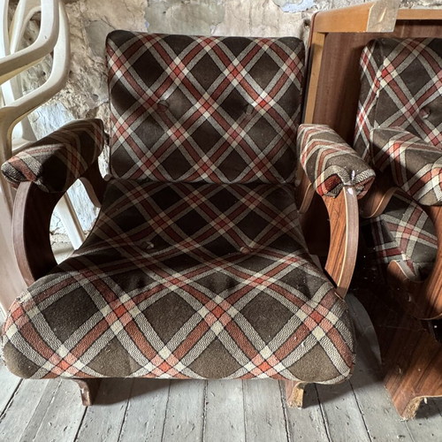 Vintage armchairs retro pair of 2 used with wooden frame and plaid upholstery