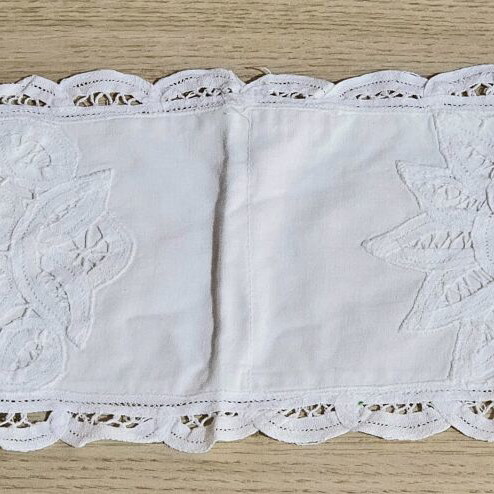 White handmade lace with cutwork embroidery and floral motif like new