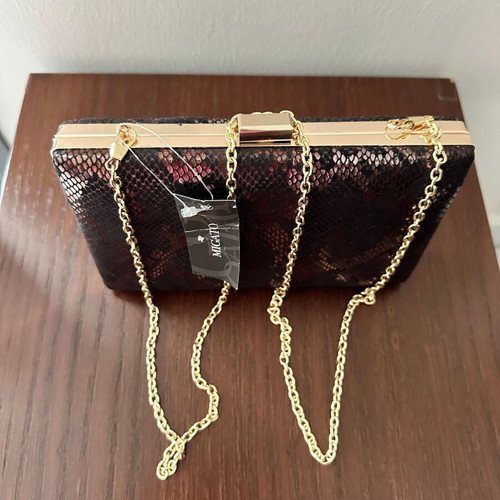 Migato Clutch Snake Print Bag New Brown with Gold Details