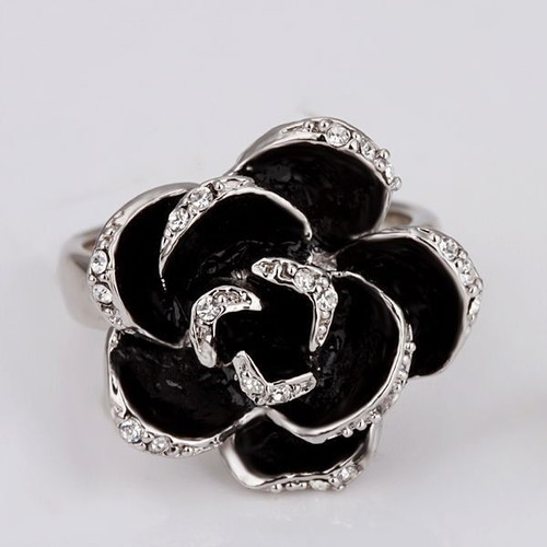 Art ring with delicate rose new, silver-plated metal