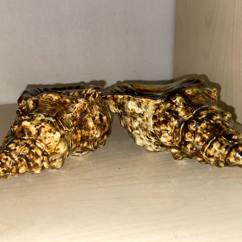Japanese Ceramic Shells vintage pair with iridescent glaze