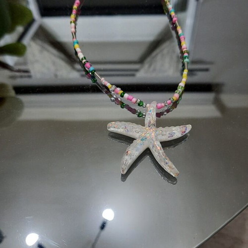 Starfish necklace with iridescent pendant and colorful beads, 40-45 cm