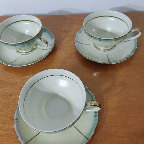 Porcelain cups like new, set of 3, with saucers, green shade