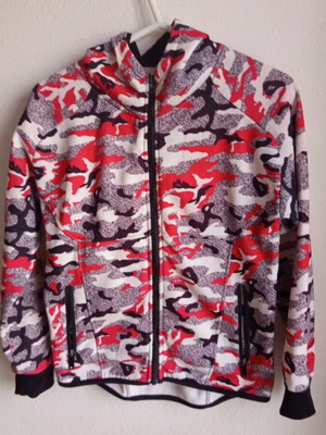 Sports Jacket with Hood like new, women's red black white pattern