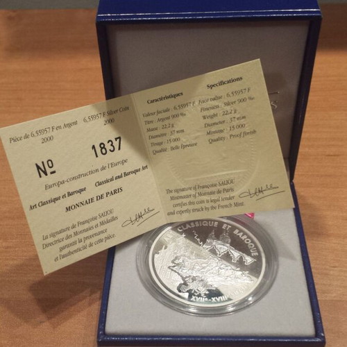 Silver coin France 6.55957 Francs 2000 new with box and certificate