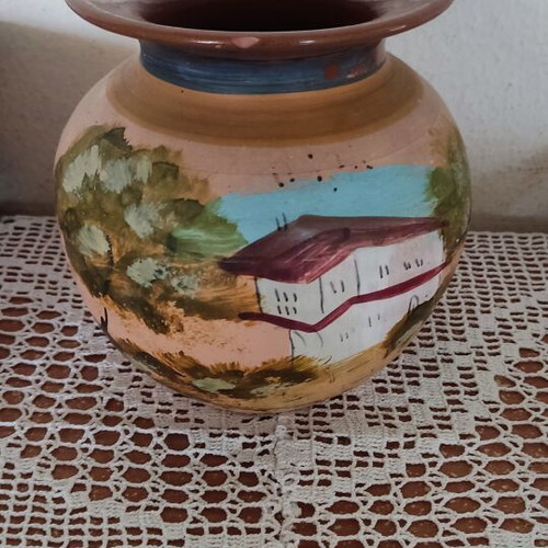 Vintage ceramic vase with hand-painted house and trees, like new