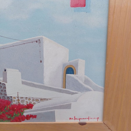 Painting traditional Cycladic landscape in wooden frame used