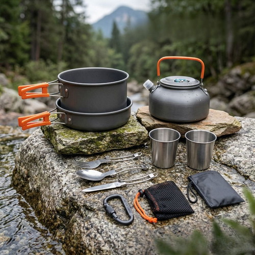 Camping cooking set XXL 15 pieces, anodized aluminum, new