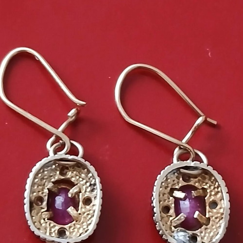 Earrings with rubies and diamonds vintage cut in 9k gold and 925 silver like new