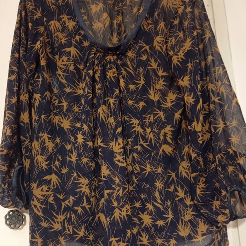 Ipekyol Sheer Chiffon Shirt L Navy Blue with Gold Floral Pattern Like New