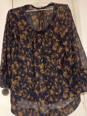 Ipekyol Sheer Chiffon Shirt L Navy Blue with Gold Floral Pattern Like New