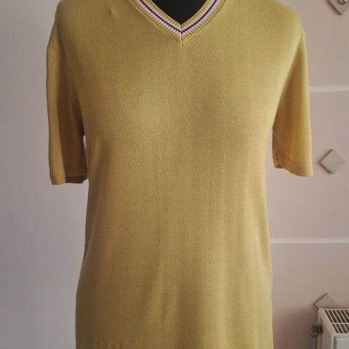 Vintage Cartier blouse used, light mustard with burgundy neck, cotton silk