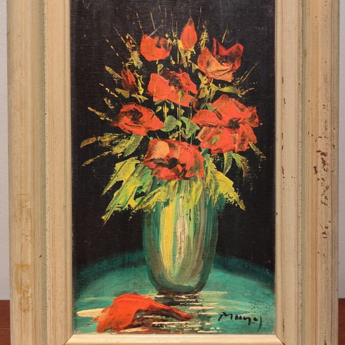 Manos Zacharakis oil painting used, Red Flowers in Green Vase