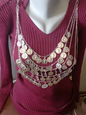Five-row necklace with earrings new, handmade with coins