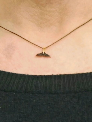 Krinaki Whale Tail Necklace 14K Gold with Black Zircon and Oxidized Chain new