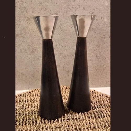 Set of 2 Vintage Wooden Candle Holders with Aluminium, Scandinavian Design