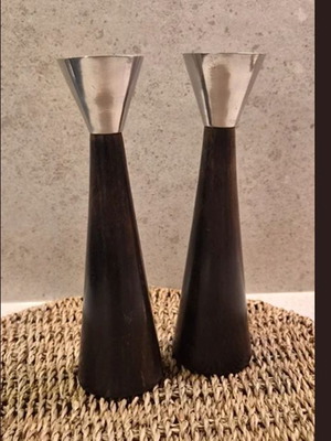 Set of 2 Vintage Wooden Candle Holders with Aluminium, Scandinavian Design