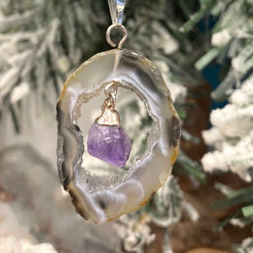 Handmade Pendant with Natural Black Agate and Raw Amethyst new