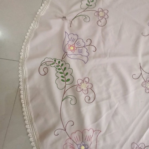 Tablecloth with lace used, embroidered floral design, beige