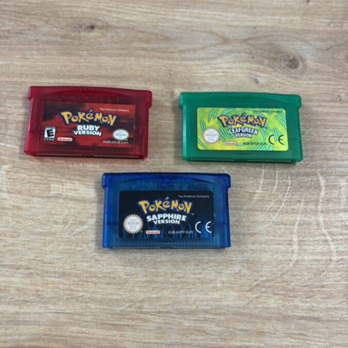 Pokemon Game Boy Advance cartridges Leaf Green, Ruby, Sapphire reproduction