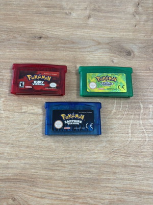Pokemon Game Boy Advance cartridges Leaf Green, Ruby, Sapphire reproduction