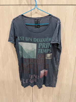T-shirt used gray with print and rips, size M