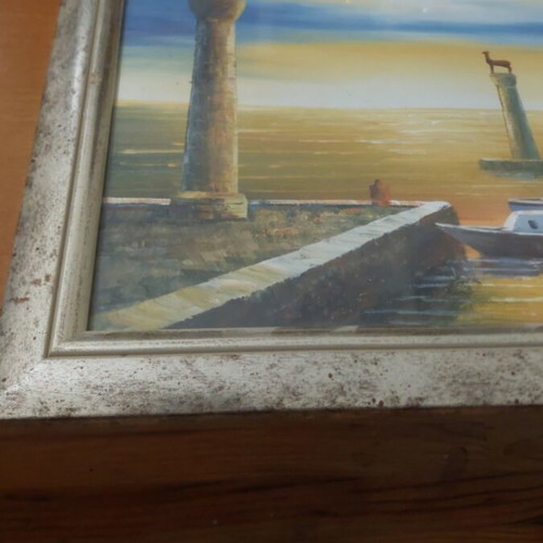 Oil painting on canvas like new, Rhodes harbor, signed by P. Hunter