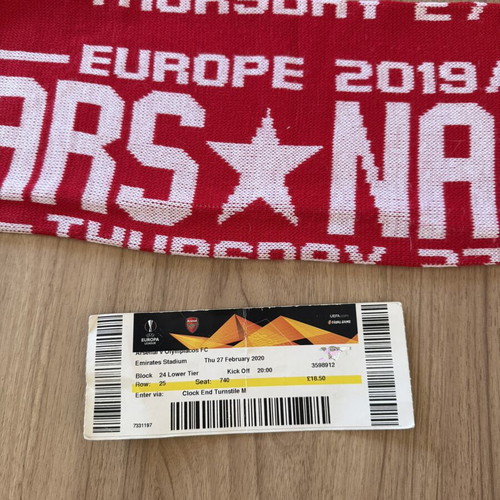 Arsenal Olympiacos 2019/20 Europa League Scarf with Authentic Ticket like new