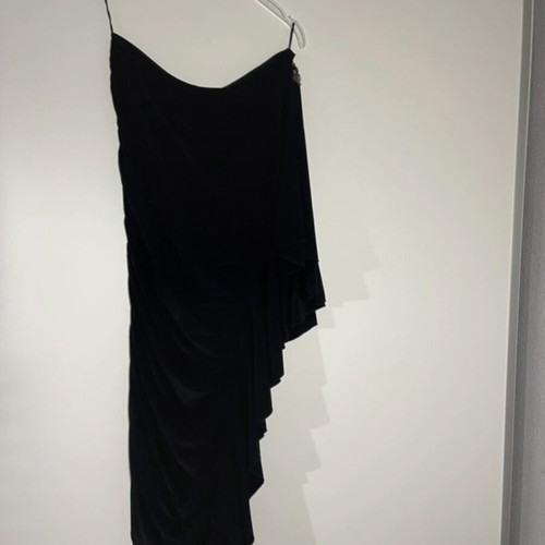 Black evening dress with draped design and metal details like new