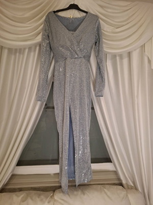 Evening dress new, long sleeves, slit, light blue, elastic, M/L