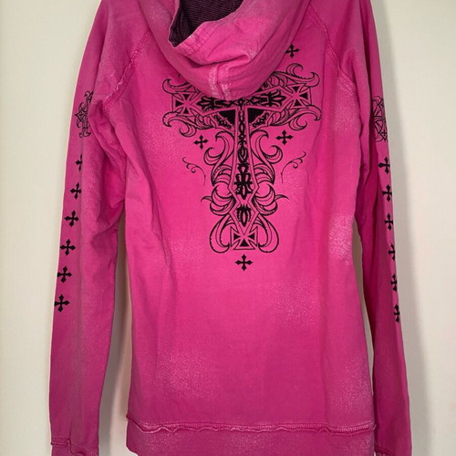 Affliction Hoodie pink with black rhinestones, new, size Large fits Small