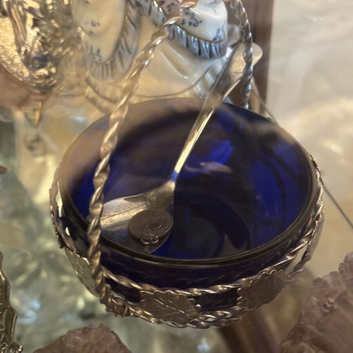 Dark blue crystal bowl with spoon in silver base vintage 60s