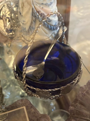 Dark blue crystal bowl with spoon in silver base vintage 60s