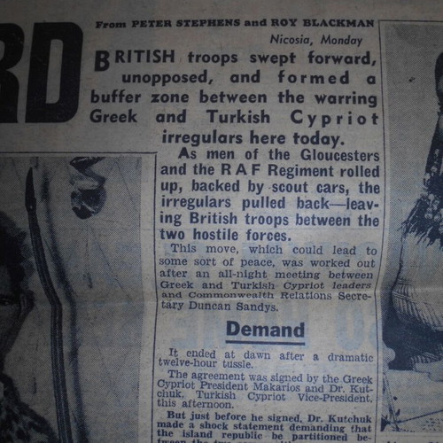 Daily Mirror 1963 newspaper used, Cyprus riots and Lakonia shipwreck