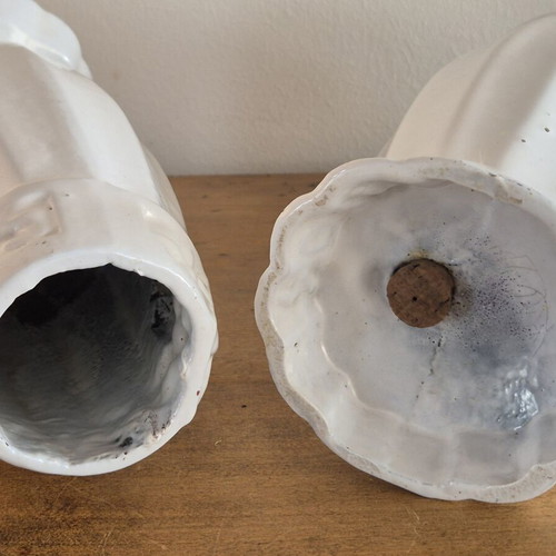 Art Deco White Enameled Cast Iron Cemetery Vases, Pair