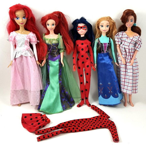 Disney dolls pack of 5 used with Ariel, Anna Frozen, Anastasia, Miraculous Ladybug
