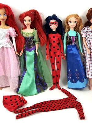 Disney dolls pack of 5 used with Ariel, Anna Frozen, Anastasia, Miraculous Ladybug