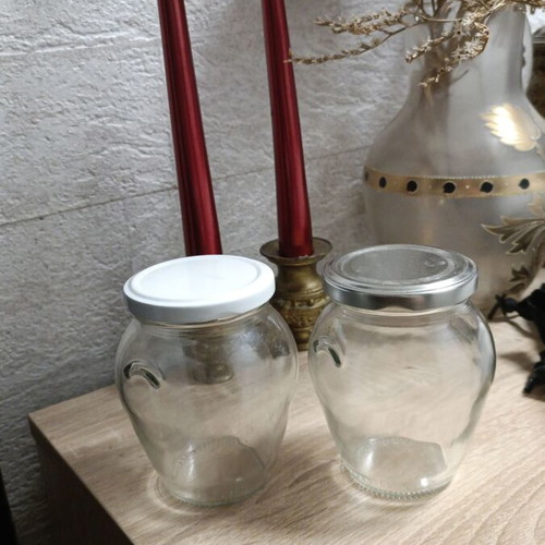 Glass jars set of 12 like new, 300g amphora style with mixed lids