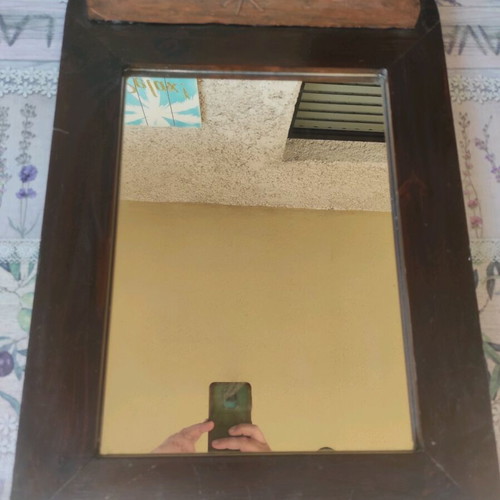 Vintage wooden handmade mirror 73x43cm with copper inscription 'καλημέρα' like new