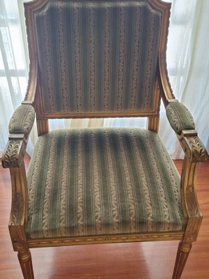 Louis XVI office chair with arms, velvet embossed green fabric, like new
