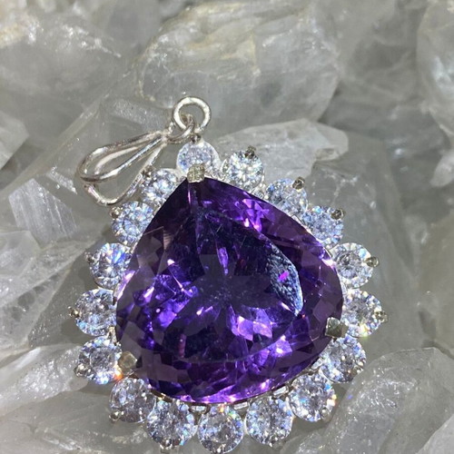 Silver pendant with large cut natural amethyst stone and moissanites, new