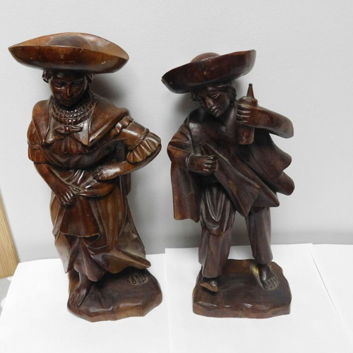 Handmade wooden Mexican folk art statues, pair of 2, damaged