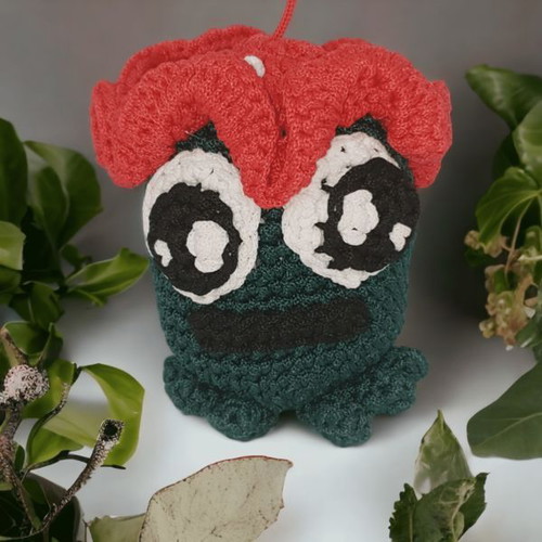 Handmade crocheted frog face doll with red hat new