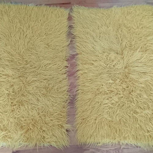 Pair of vintage flokati rugs in sunshine yellow, like new, 66×120cm