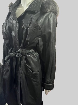 Evans leather coat L used, black with fox fur hood