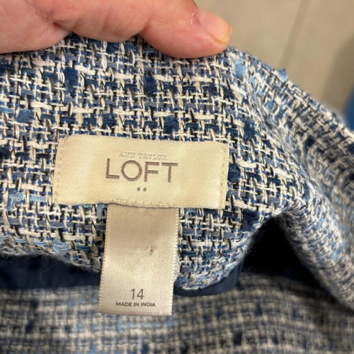 Ann Taylor Loft Tweed Skirt Blue White Lined Bow Rear Split Size 14