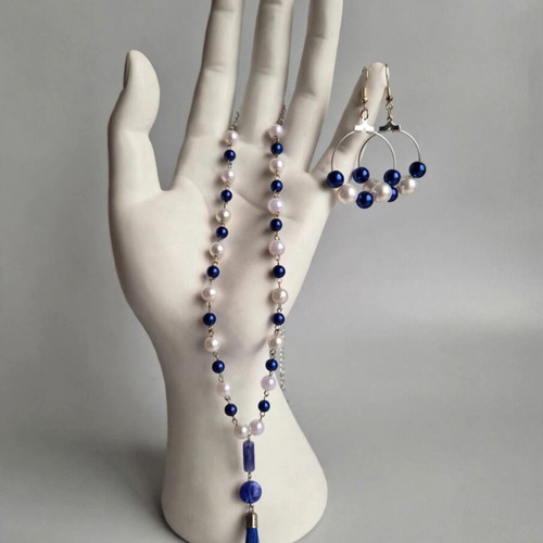 Royal Blue and White Necklace and Earrings Set new