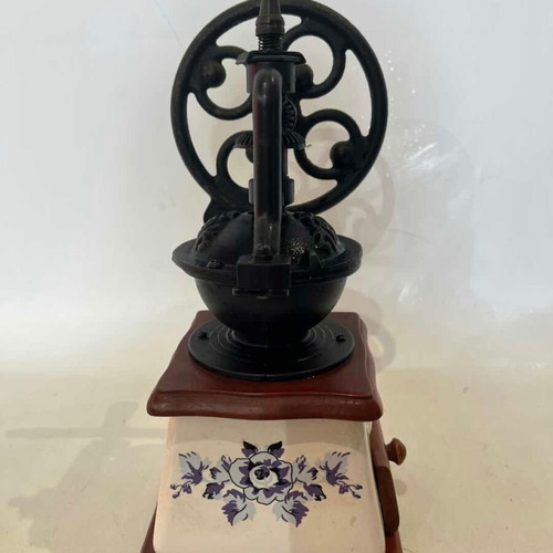 Vintage manual coffee grinder used, porcelain, wood base, cast iron