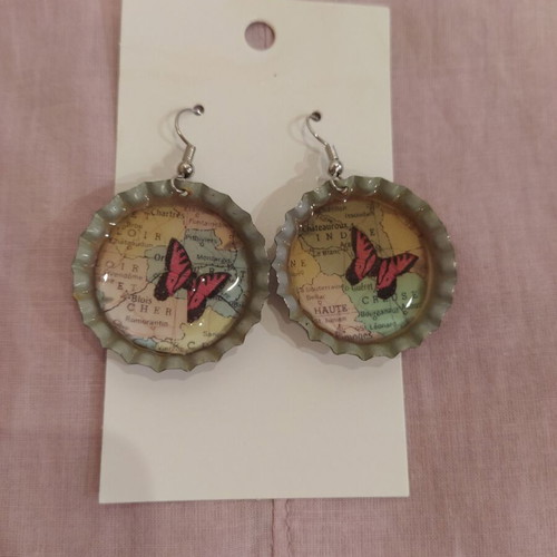 Butterfly Map Bottle Cap Earrings new, colorful