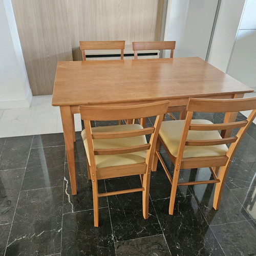 Wooden kitchen dining set used with 4 yellow leather chairs